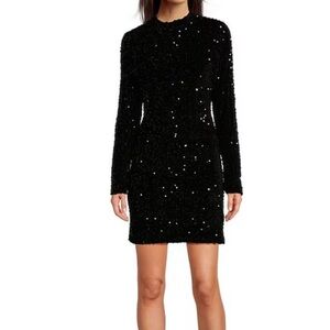 DKNY by Donna Karan Sequined Velvet Mock Neck Long Sleeve Mini Dress